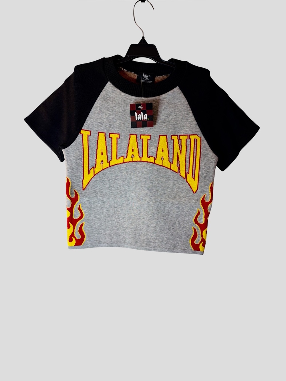 Dressed in LALA Gray Crop Top with Yellow & Red Graphic